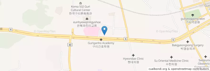 Mapa de ubicacion de 본죽 구리한대병원점 en 대한민국, 경기도, 구리시.