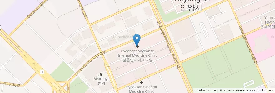 Mapa de ubicacion de 서울고운미소 교정치과 en 대한민국, 경기도, 안양시, 동안구, 호계동.