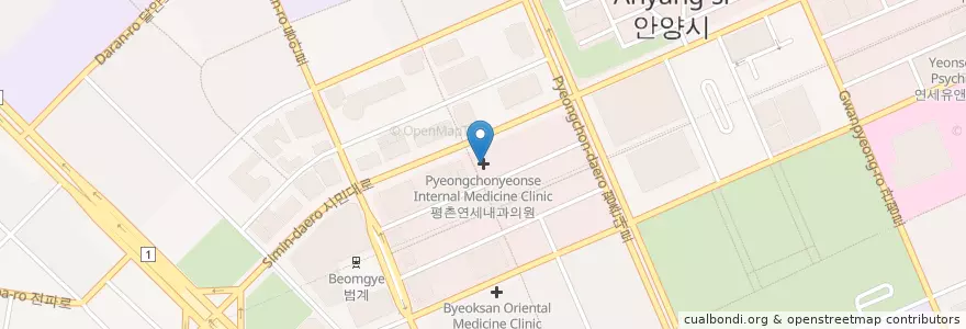 Mapa de ubicacion de 다움한의원 평촌점 en Zuid-Korea, Gyeonggi-Do, 안양시, 동안구, 호계동.
