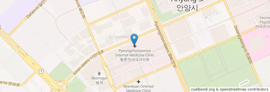 Mapa de ubicacion de 안양피부과 en 大韓民国, 京畿道, 安養市, 東安区, 호계동.