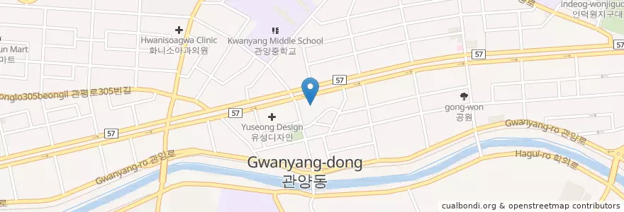 Mapa de ubicacion de 한승혜내과 en Güney Kore, 경기도, 안양시, 동안구, 관양동.