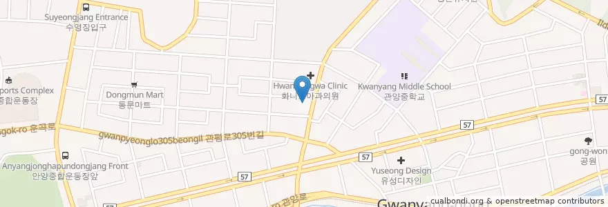 Mapa de ubicacion de 세브란스방사선과의원 en كوريا الجنوبية, 경기도, 안양시, 동안구, 관양동, 비산동.