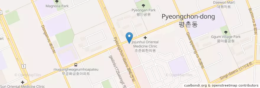 Mapa de ubicacion de 대추나무한의원 en كوريا الجنوبية, 경기도, 안양시, 동안구, 평촌동.