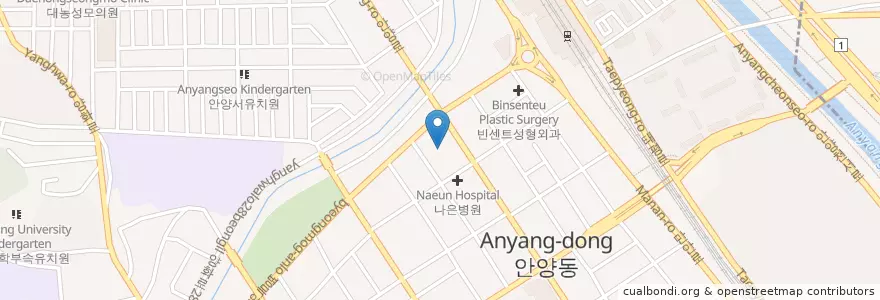 Mapa de ubicacion de 길맨비뇨기과의원 안양점 en Güney Kore, 경기도, 안양시, 만안구.