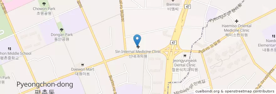 Mapa de ubicacion de 다니엘알콜병원 en Corea Del Sur, Gyeonggi, 안양시, 동안구, 평촌동.