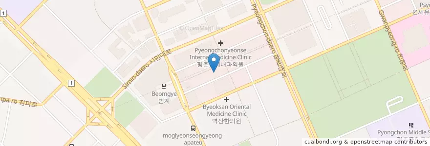 Mapa de ubicacion de 평촌중앙병원 en 대한민국, 경기도, 안양시, 동안구, 호계동.