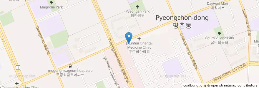Mapa de ubicacion de 현대동물병원 en کره جنوبی, گیونگی-دو, 안양시, 동안구, 평촌동.