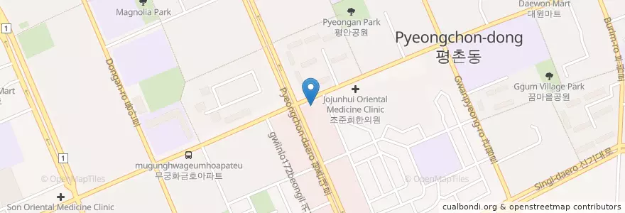 Mapa de ubicacion de 평촌동물병원 en کره جنوبی, گیونگی-دو, 안양시, 동안구, 호계동, 평촌동.