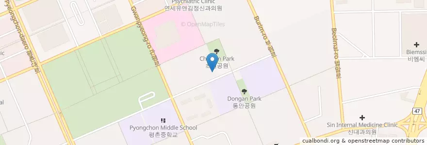 Mapa de ubicacion de 뿌리치과의원 en Республика Корея, Кёнгидо, 안양시, 동안구, 평촌동.