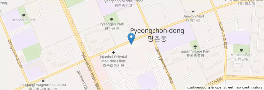 Mapa de ubicacion de 평안치과 en Coreia Do Sul, Gyeonggi, 안양시, 동안구, 평촌동.