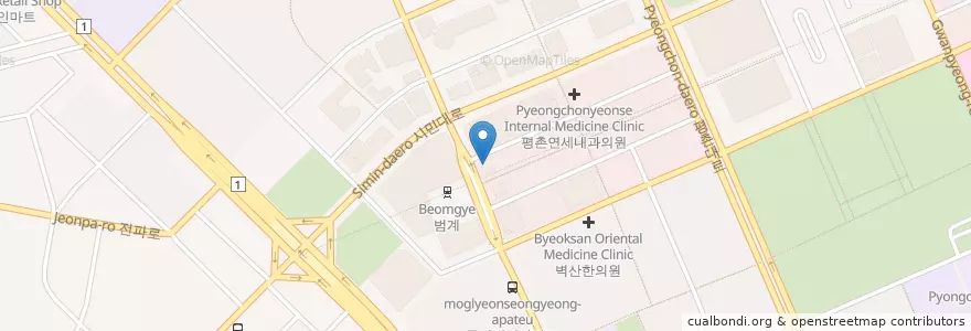 Mapa de ubicacion de 휴스턴치과 en 대한민국, 경기도, 안양시, 동안구, 호계동.