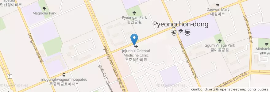 Mapa de ubicacion de 청치과 en 대한민국, 경기도, 안양시, 동안구, 평촌동.