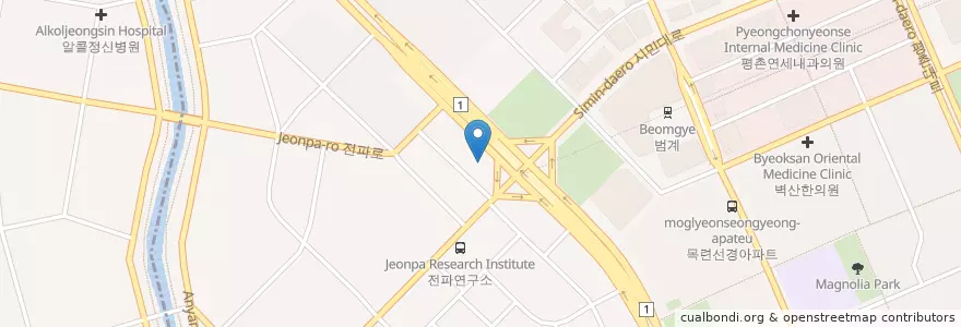 Mapa de ubicacion de 동안서울치과의원 en 대한민국, 경기도, 안양시, 동안구, 호계동.