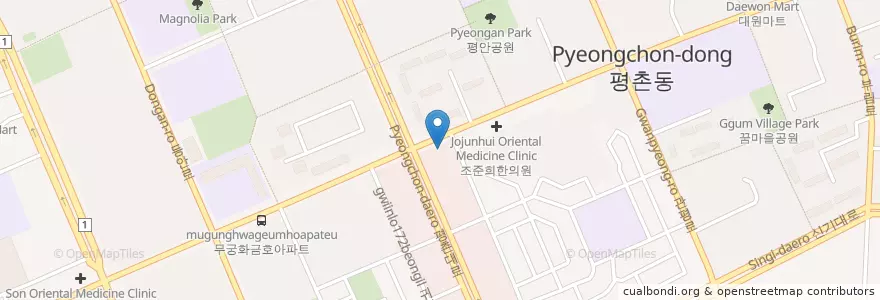 Mapa de ubicacion de 서울텁츠치과 en Республика Корея, Кёнгидо, 안양시, 동안구, 평촌동.
