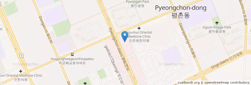 Mapa de ubicacion de 홍준수치과 en 大韓民国, 京畿道, 安養市, 東安区, 호계동, 평촌동.