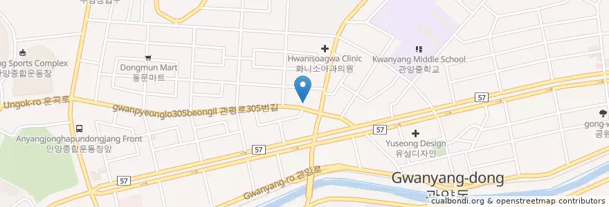 Mapa de ubicacion de 연세무지개치과 en کره جنوبی, گیونگی-دو, 안양시, 동안구, 관양동, 비산동.