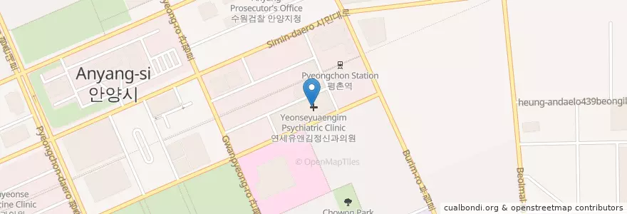 Mapa de ubicacion de 연세유앤김정신과의원 en Güney Kore, 경기도, 안양시, 동안구.