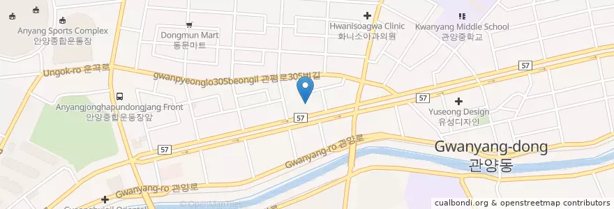 Mapa de ubicacion de 하나통증클리닉 en کره جنوبی, گیونگی-دو, 안양시, 동안구, 관양동, 비산동.
