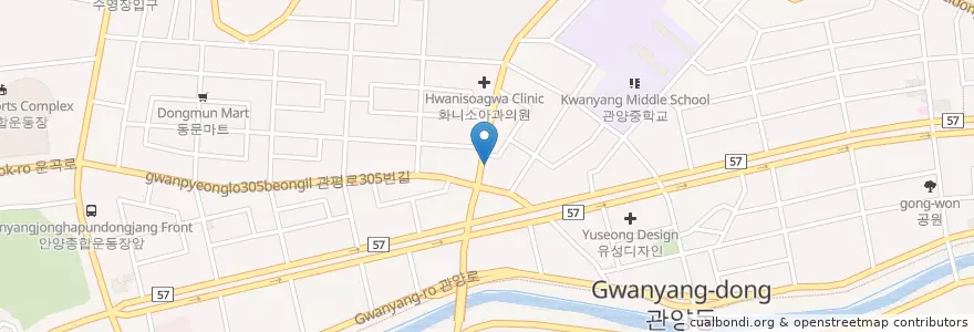 Mapa de ubicacion de E-서울이비인후과 en كوريا الجنوبية, 경기도, 안양시, 동안구, 관양동, 비산동.