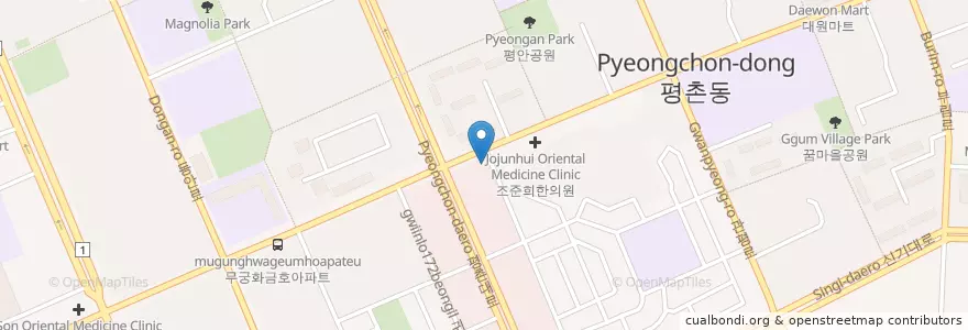 Mapa de ubicacion de 함형석이비인후과 en كوريا الجنوبية, 경기도, 안양시, 동안구, 평촌동.