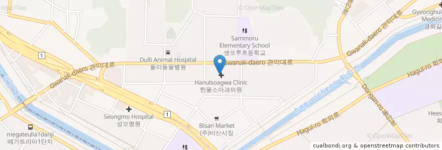 Mapa de ubicacion de 한울소아과의원 en كوريا الجنوبية, 경기도, 안양시, 동안구, 비산동.