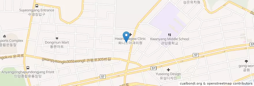 Mapa de ubicacion de 한청숙산부인과 en 韩国/南韓, 京畿道, 安养市, 東安區, 관양동, 비산동.