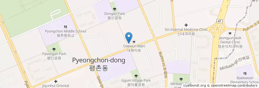 Mapa de ubicacion de Pyeongchonkeun Oriental Medicine Clinic en South Korea, Gyeonggi-Do, Anyang-Si, 동안구, Pyeongchon-Dong.