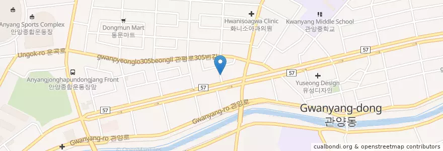 Mapa de ubicacion de 한독의원 en Corea Del Sud, Gyeonggi, 안양시, 동안구, 관양동, 비산동.
