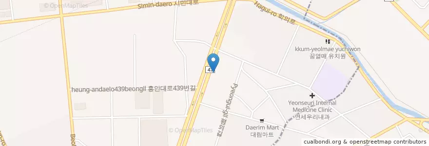 Mapa de ubicacion de 금강한의원 en Südkorea, Gyeonggi-Do, 안양시, 동안구, 평촌동, 관양동.