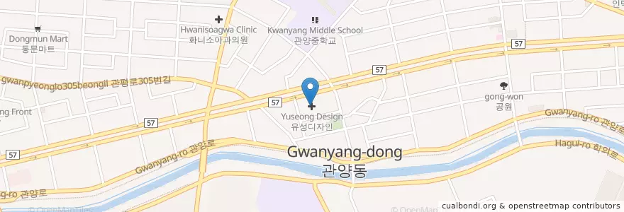 Mapa de ubicacion de 유성디자인 en 대한민국, 경기도, 안양시, 동안구, 관양동.