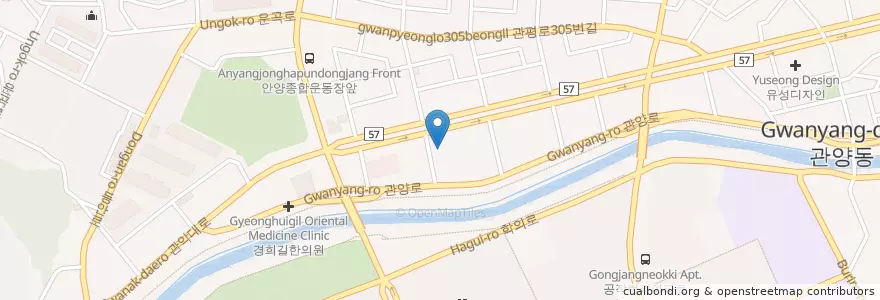 Mapa de ubicacion de 키즈맘센터 en 대한민국, 경기도, 안양시, 동안구, 관양동, 비산동.