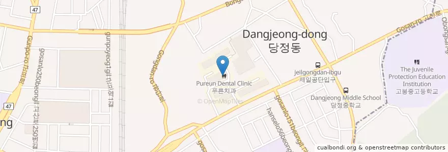 Mapa de ubicacion de 푸른치과 en Südkorea, Gyeonggi-Do, 군포시, 군포1동.
