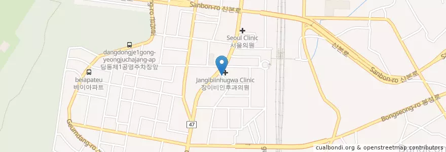 Mapa de ubicacion de 중앙치과 en 大韓民国, 京畿道, 軍浦市, 당동, 군포1동.