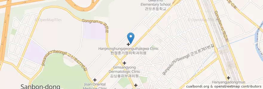 Mapa de ubicacion de 한정훈 가정의학과의원 en Zuid-Korea, Gyeonggi-Do, 군포시, 산본2동, 산본1동.