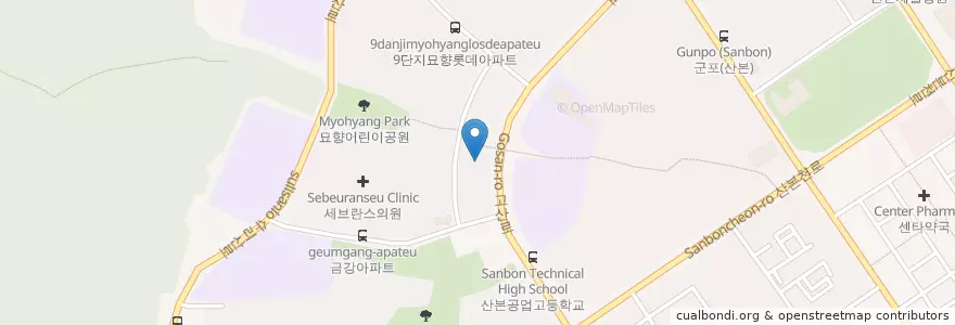 Mapa de ubicacion de 세브란스의원 en Coreia Do Sul, Gyeonggi, 군포시, 궁내동, 광정동.