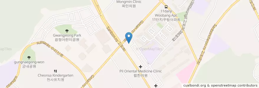Mapa de ubicacion de 킴스의원 en کره جنوبی, گیونگی-دو, 군포시, 산본2동, 광정동.