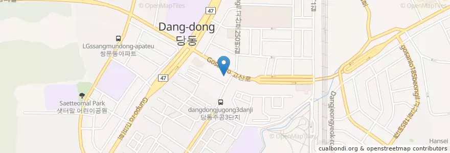 Mapa de ubicacion de 존스클리닉의원 en Güney Kore, 경기도, 군포시, 당동, 군포1동, 군포2동.