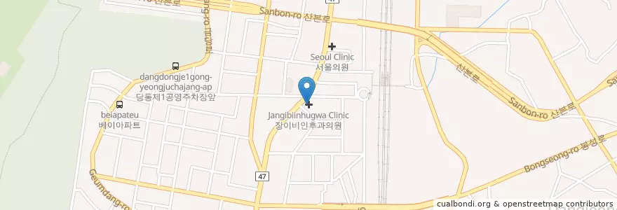 Mapa de ubicacion de 장이비인후과 en Güney Kore, 경기도, 군포시, 당동, 군포1동.