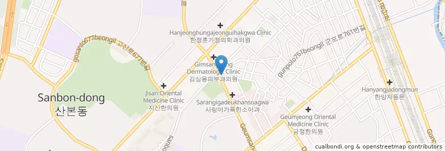 Mapa de ubicacion de 우리연세소아과청소년과 en Corea Del Sud, Gyeonggi, 군포시, 산본2동.