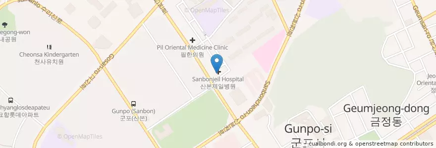 Mapa de ubicacion de 산본산부인과 en کره جنوبی, گیونگی-دو, 군포시, 산본2동, 광정동.
