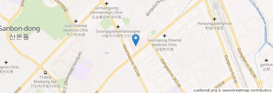 Mapa de ubicacion de 산본한의원 en Corea Del Sud, Gyeonggi, 군포시, 산본2동, 산본1동.