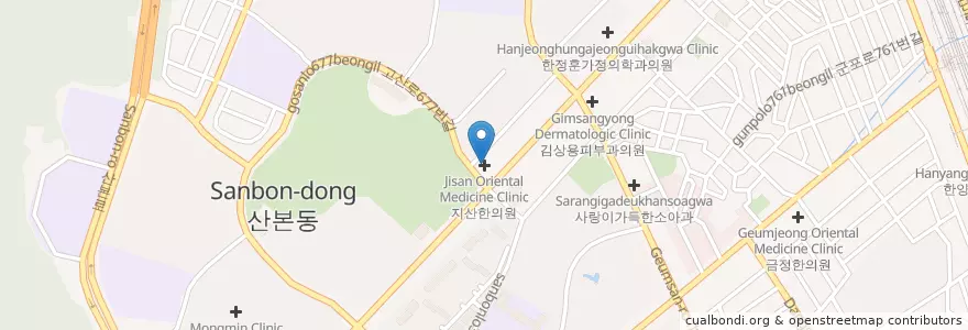 Mapa de ubicacion de 지산한의원 en 대한민국, 경기도, 군포시, 산본2동.