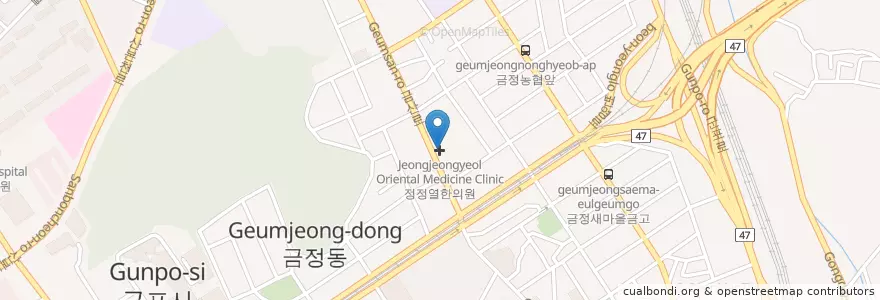 Mapa de ubicacion de 정정열한의원 en Республика Корея, Кёнгидо, 군포시, 금정동.