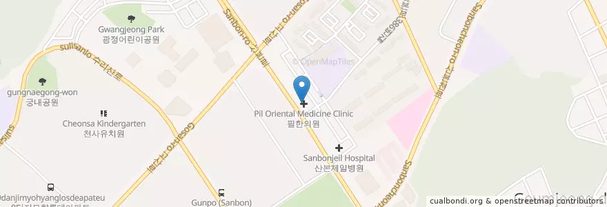 Mapa de ubicacion de 필한의원 en Korea Selatan, Gyeonggi, 군포시, 산본2동, 광정동.