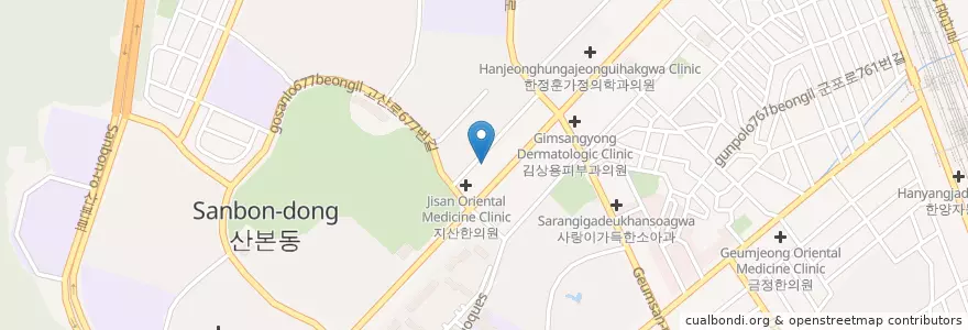 Mapa de ubicacion de 사암아침한의원 en کره جنوبی, گیونگی-دو, 군포시, 산본2동.