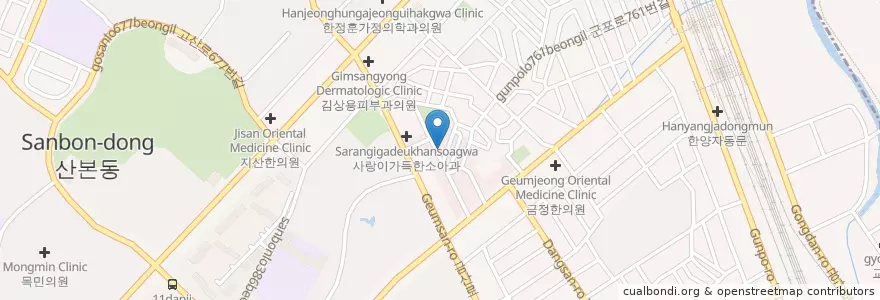 Mapa de ubicacion de 선우한약국 en Korea Selatan, Gyeonggi, 군포시, 산본2동, 산본1동.