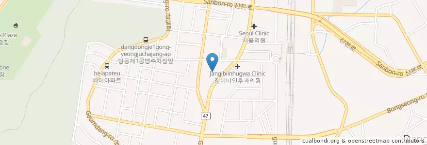 Mapa de ubicacion de 그랜드동물병원 en 大韓民国, 京畿道, 軍浦市, 당동, 군포1동.