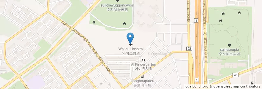 Mapa de ubicacion de 와이즈병원 en كوريا الجنوبية, 경기도, 용인시, 수지구.