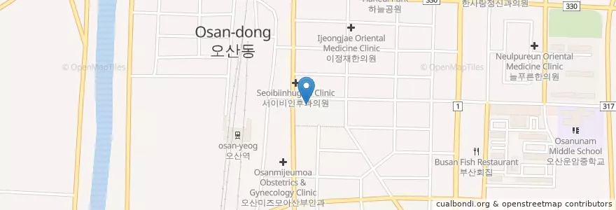 Mapa de ubicacion de 밝은안과 en 대한민국, 경기도, 오산시.