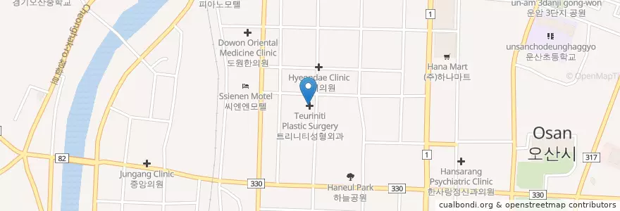 Mapa de ubicacion de 트리니티성형외과 en 대한민국, 경기도, 오산시.